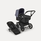Refurbished Bugaboo Donkey 5 Mono bassinet and seat stroller black base, midnight black fabrics, stormy blue sun canopy
