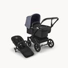 Refurbished Bugaboo Donkey 5 Mono bassinet and seat stroller black base, midnight black fabrics, stormy blue sun canopy