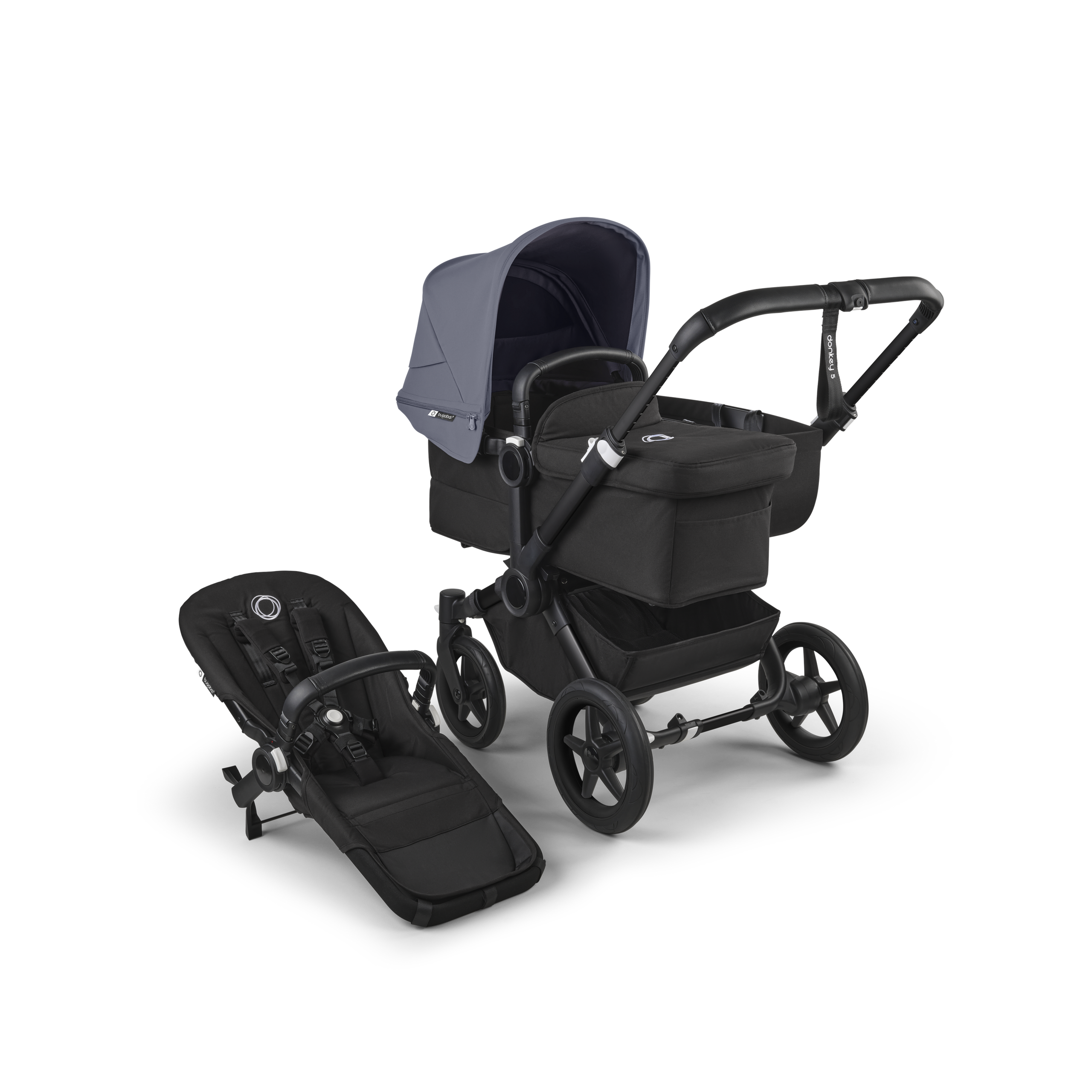 Refurbished Bugaboo Donkey 5 Mono bassinet and seat stroller black base, midnight black fabrics, stormy blue sun canopy - Thumbnail Slide 1 of 10