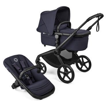 Bugaboo Fox 5 Renew carrycot and seat 2-in-1 pushchair, with black chassis, Deep Indigo fabrics, and Deep Indigo sun canopy.