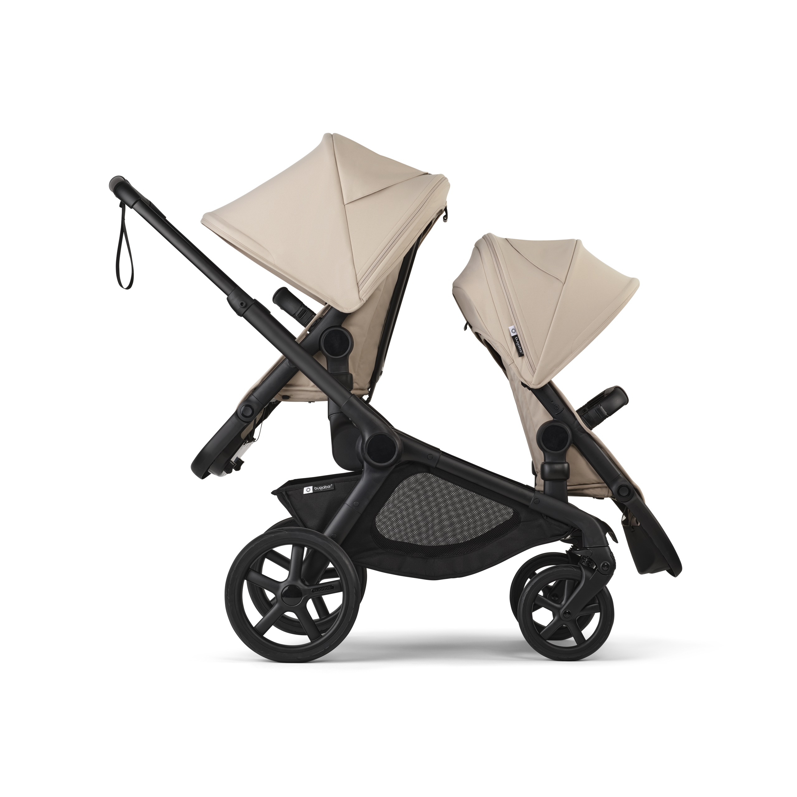 Bugaboo Kangaroo seat-only tandem black base, desert taupe fabrics, desert taupe sun canopy - Thumbnail Slide 3 of 12