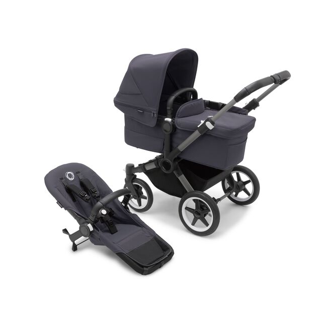 Bugaboo Donkey 5 Mono bassinet stroller with graphite chassis, stormy blue fabrics and stormy blue sun canopy, plus seat. - Main Image Slide 1 of 13
