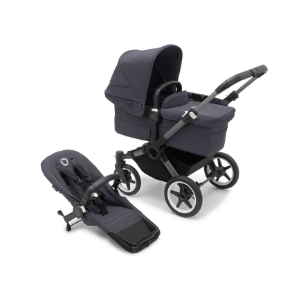 Bugaboo Donkey 5 Mono bassinet stroller with graphite chassis, stormy blue fabrics and stormy blue sun canopy, plus seat.