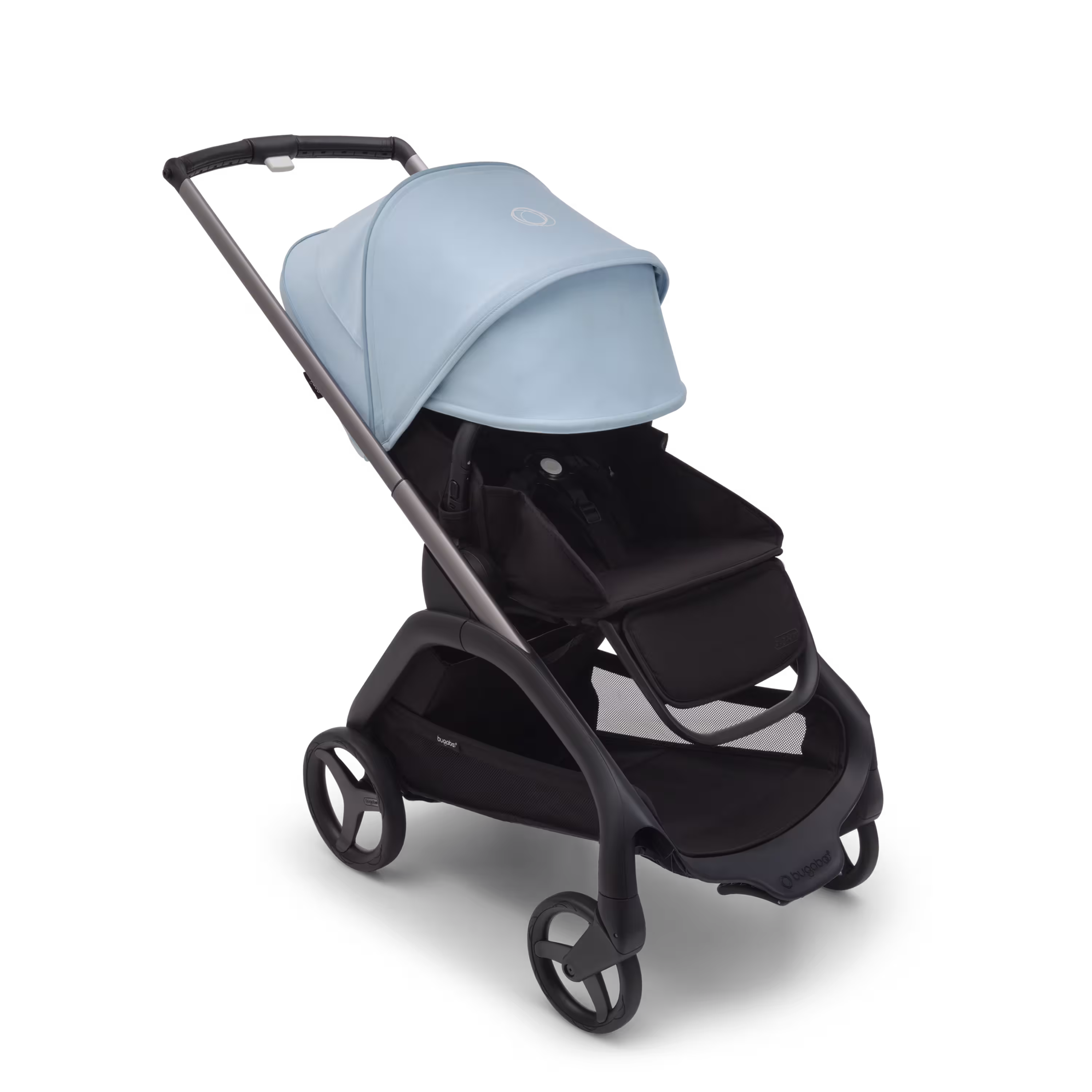 Bugaboo Dragonfly seat stroller with graphite chassis, midnight black fabrics and skyline blue sun canopy. The sun canopy is fully extended. - Main Modal Image Slide 3 of 16