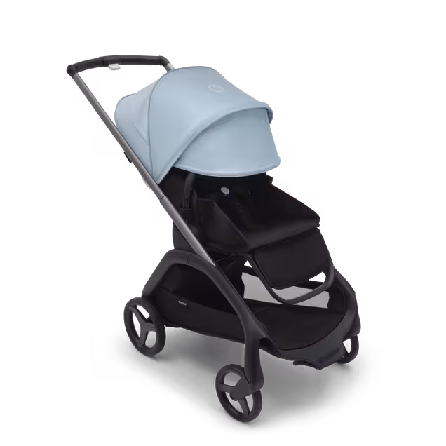 Bugaboo Dragonfly seat stroller with graphite chassis, midnight black fabrics and skyline blue sun canopy. The sun canopy is fully extended. - Main Image Slide 3 of 16
