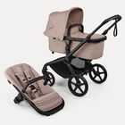 Bugaboo Fox 5 Renew bassinet and seat 2-in-1 stroller, with black chassis, Desert Taupe Mélange fabrics, and Desert Taupe Mélange sun canopy.
