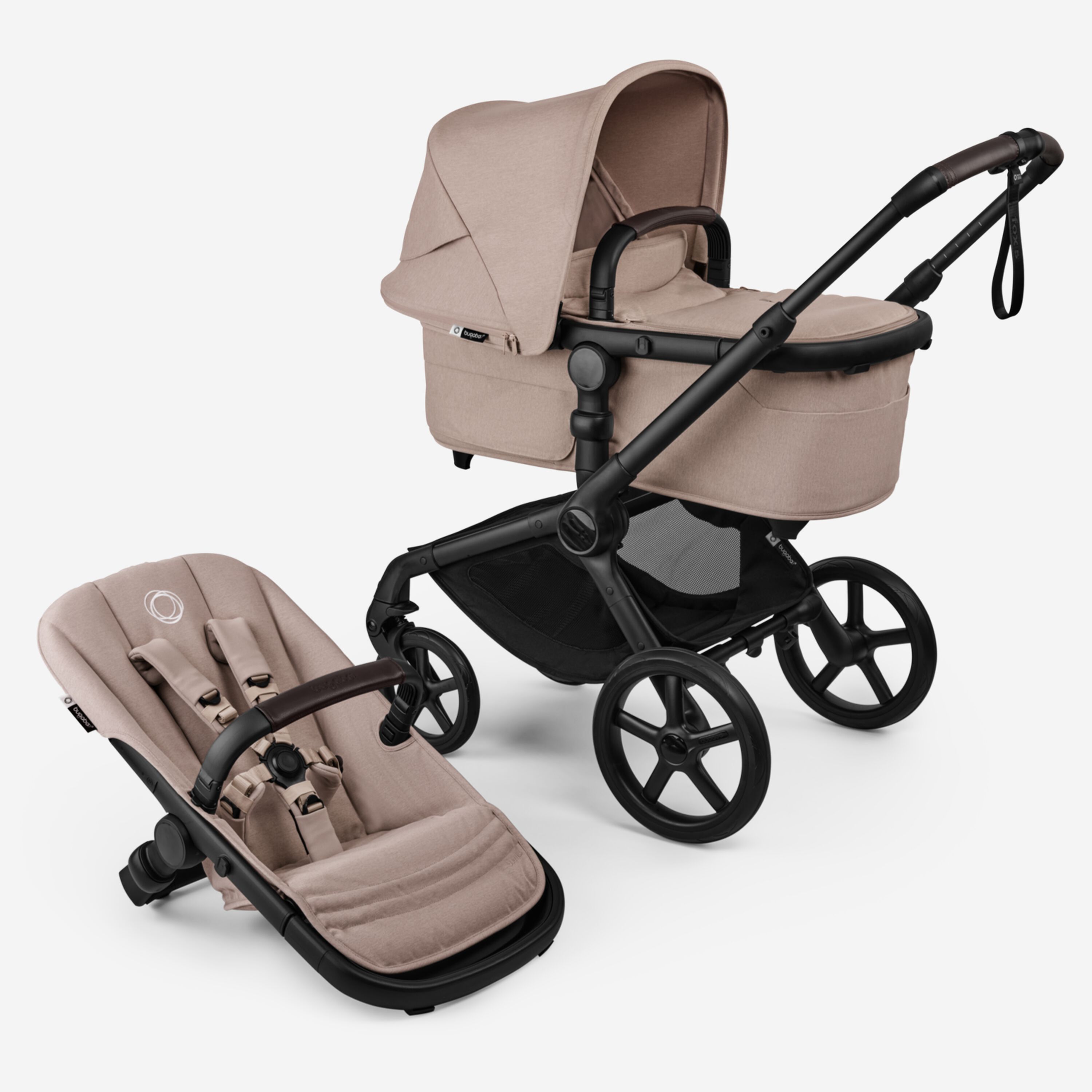 Bugaboo Fox 5 Renew bassinet and seat 2-in-1 stroller, with black chassis, Desert Taupe Mélange fabrics, and Desert Taupe Mélange sun canopy. - Main Modal Image Slide 1 of 12