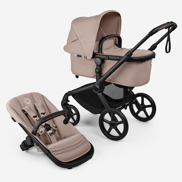 Bugaboo Fox 5 Renew bassinet and seat 2-in-1 stroller, with black chassis, Desert Taupe Mélange fabrics, and Desert Taupe Mélange sun canopy. - Main Image Slide 1 of 12