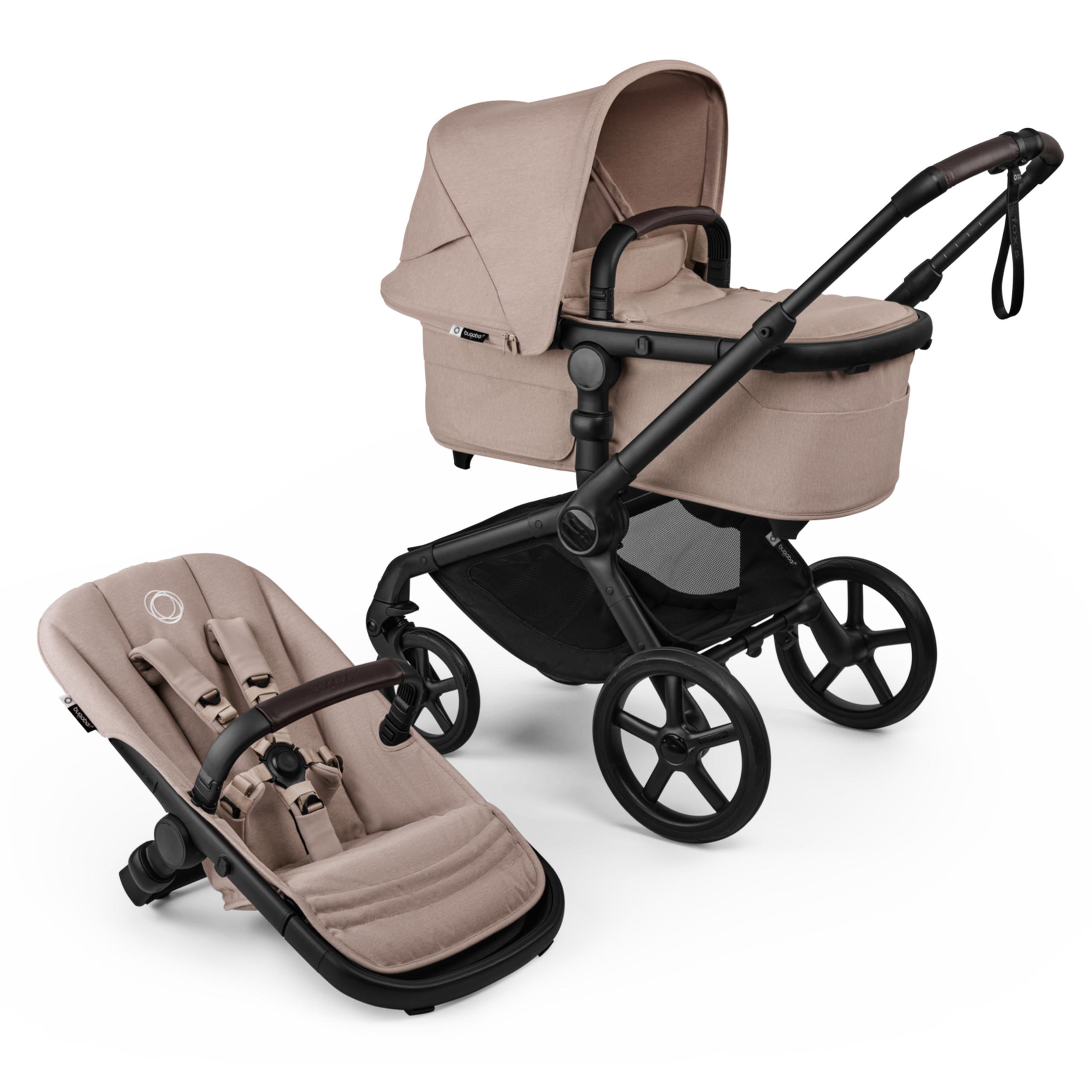 Bugaboo Fox 5 Renew bassinet and seat 2-in-1 stroller, with black chassis, Desert Taupe Mélange fabrics, and Desert Taupe Mélange sun canopy. - Thumbnail Slide 1 of 12