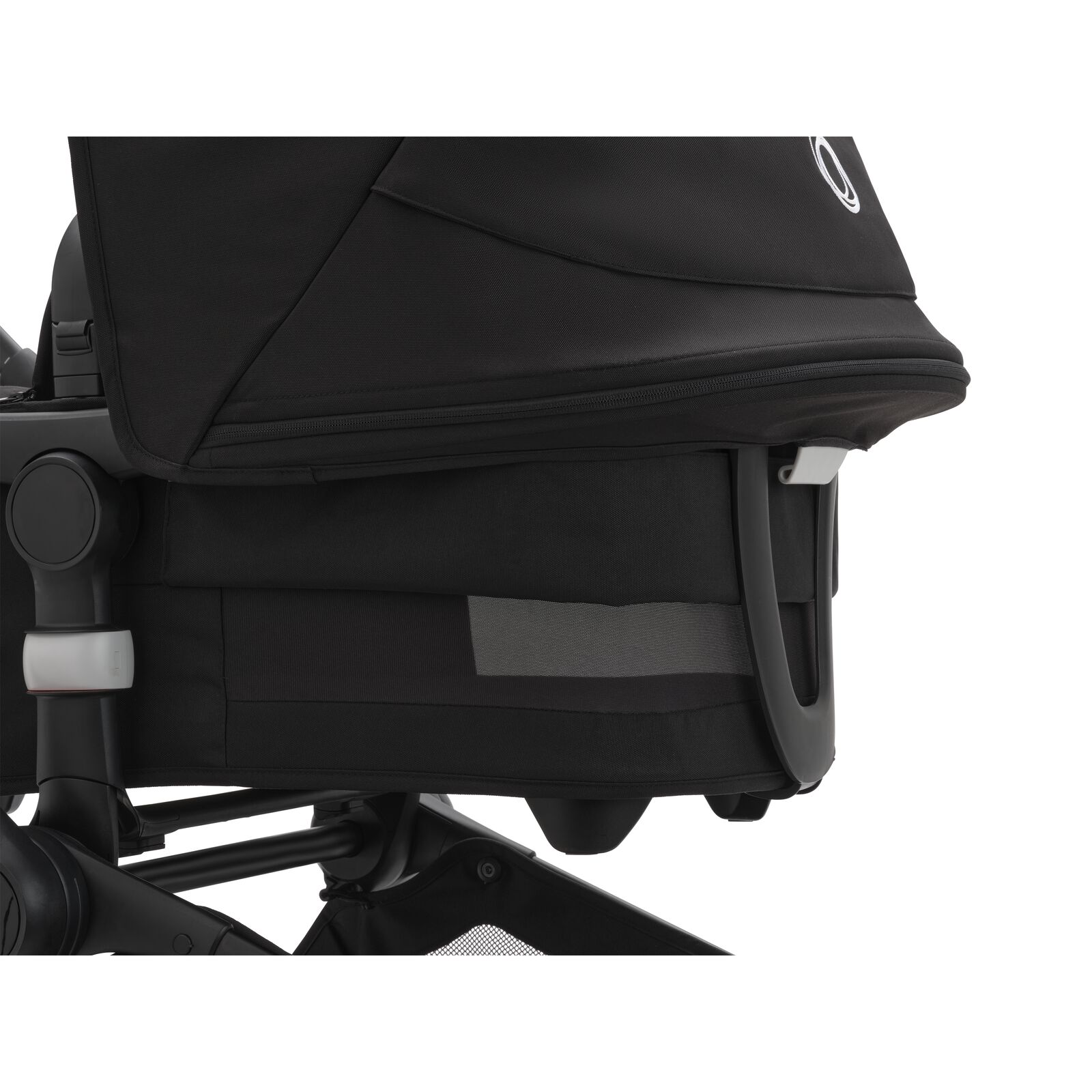 Bugaboo Fox 5 bassinet and seat stroller black base, midnight black fabrics, stormy blue sun canopy