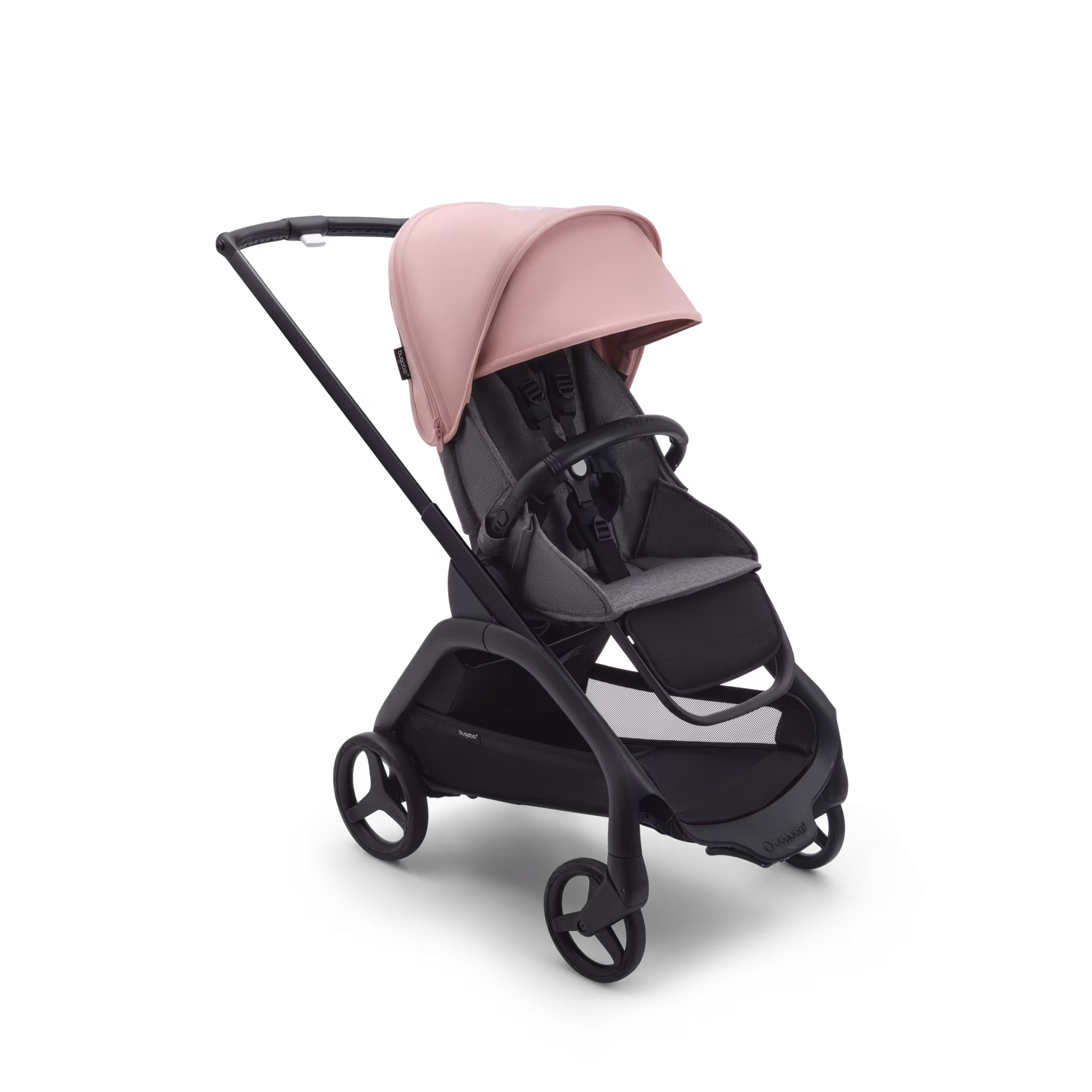 Bugaboo Dragonfly seat stroller with black chassis, grey melange fabrics and morning pink sun canopy. - Main Modal Image Slide 1 of 16