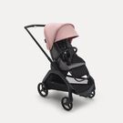Bugaboo Dragonfly seat stroller with black chassis, grey melange fabrics and morning pink sun canopy.