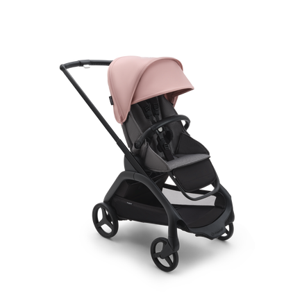 Bugaboo Dragonfly seat stroller with black chassis, grey melange fabrics and morning pink sun canopy.