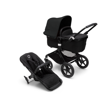 Bugaboo Fox 3  pram body and seat stroller with black frame, black fabrics, and black sun canopy.