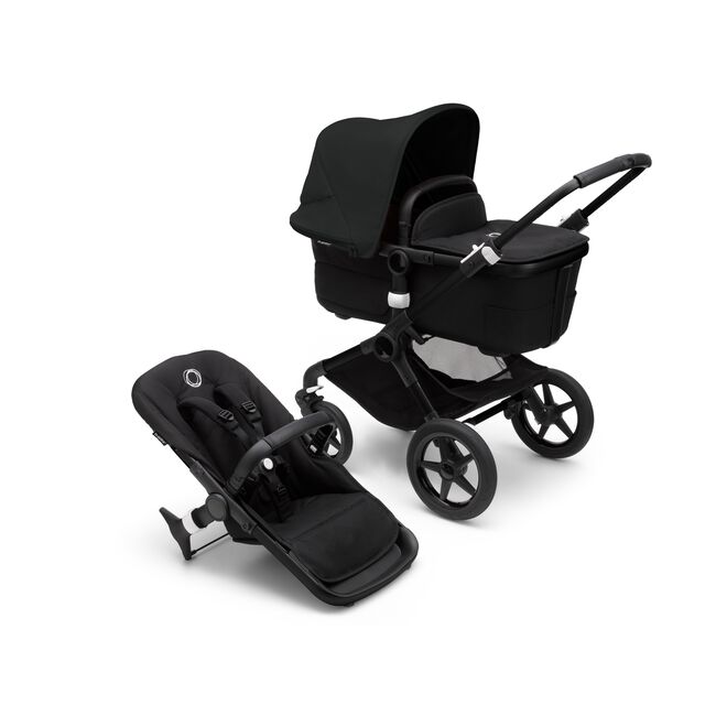 Bugaboo Fox 3  pram body and seat stroller with black frame, black fabrics, and black sun canopy. - Main Image Slide 1 of 7