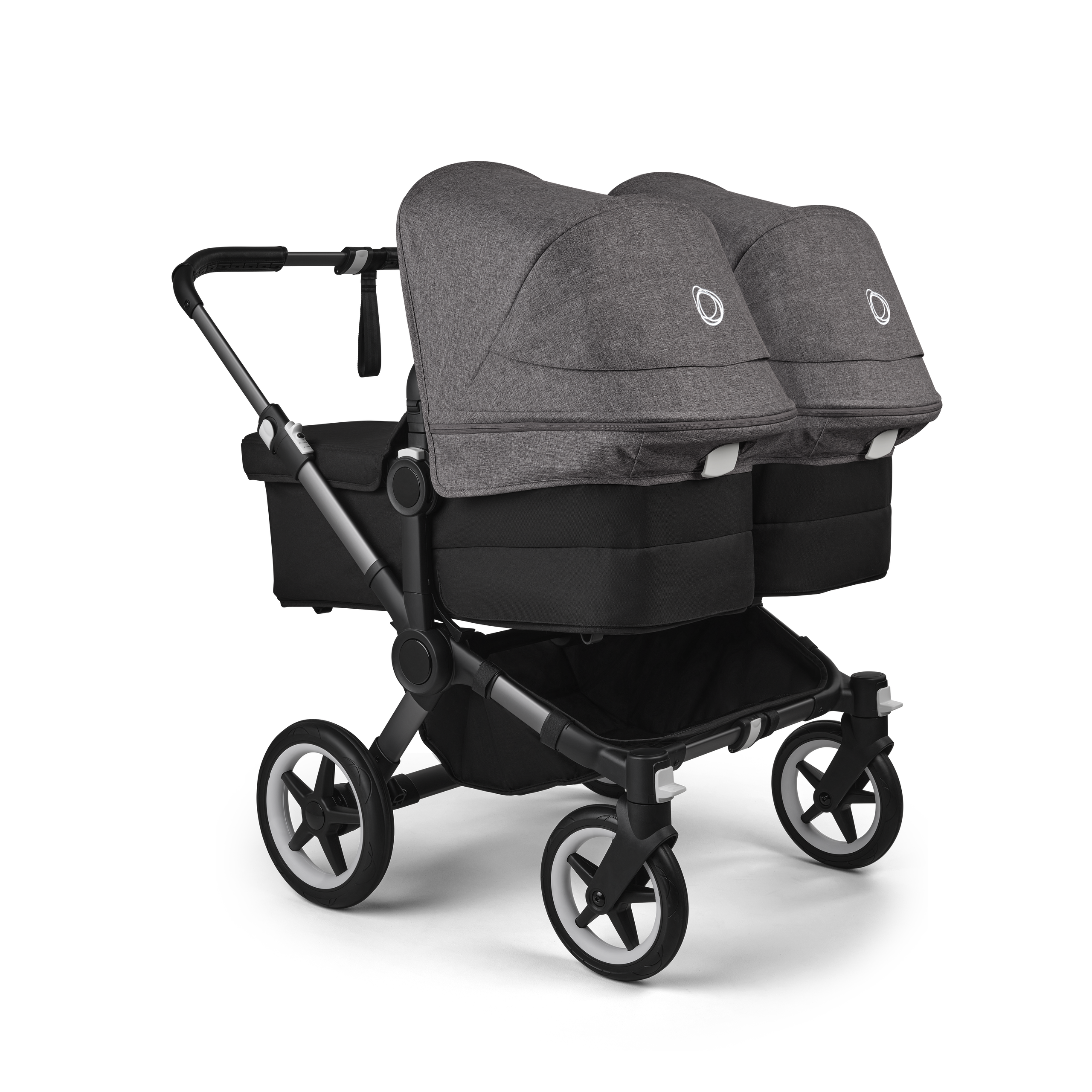 Bugaboo Donkey 5 twin stroller graphite base, midnight black fabrics, grey mélange sun canopy - Thumbnail Slide 4 of 12