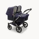 Bugaboo Donkey 5 twin stroller graphite base, classic collection dark navy fabrics, classic collection dark navy sun canopy