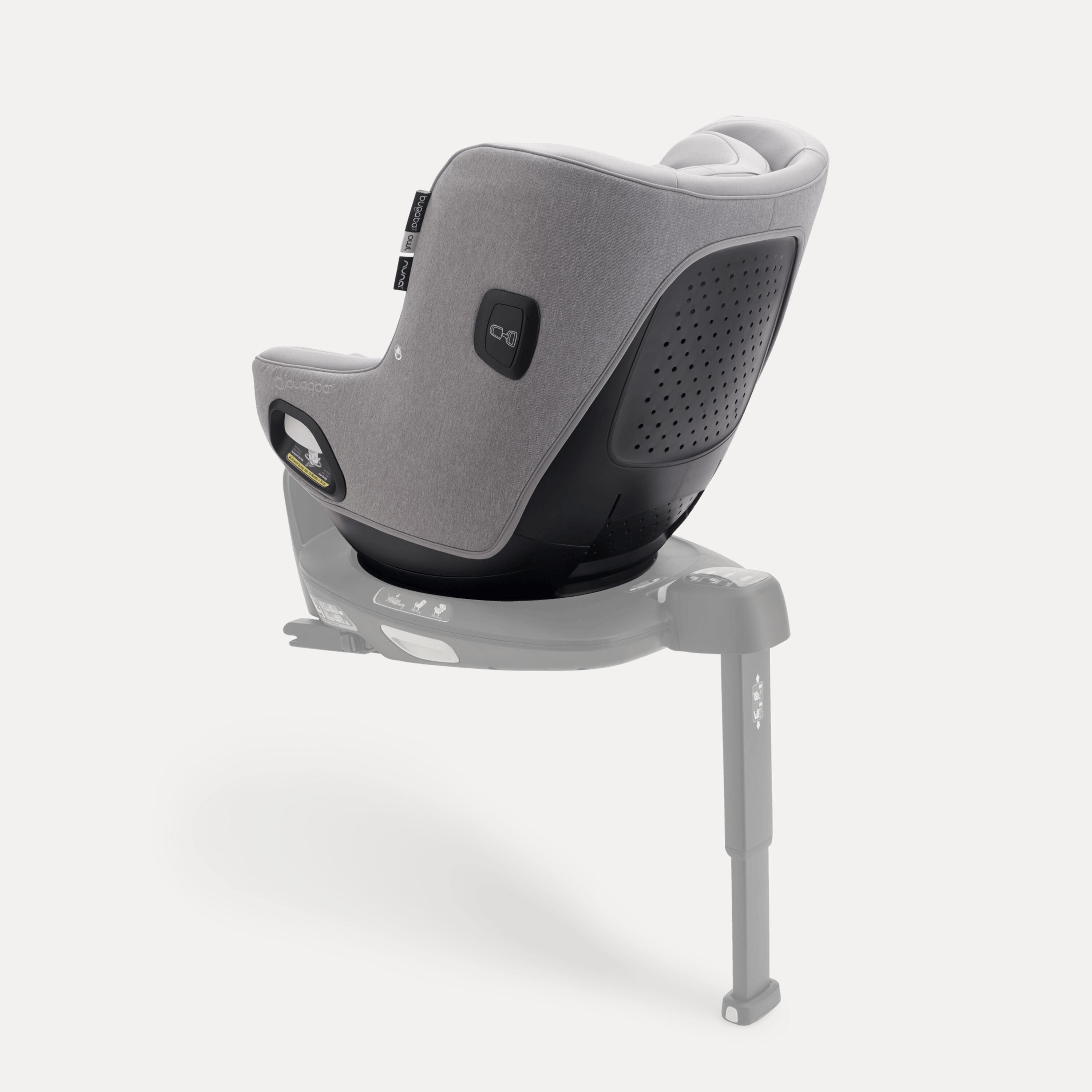 Back view of Bugaboo Owl by Nuna car seat in grey fabrics on the 360 ISOFIX Base, with stability leg extended. - Main Modal Image Slide 2 of 11