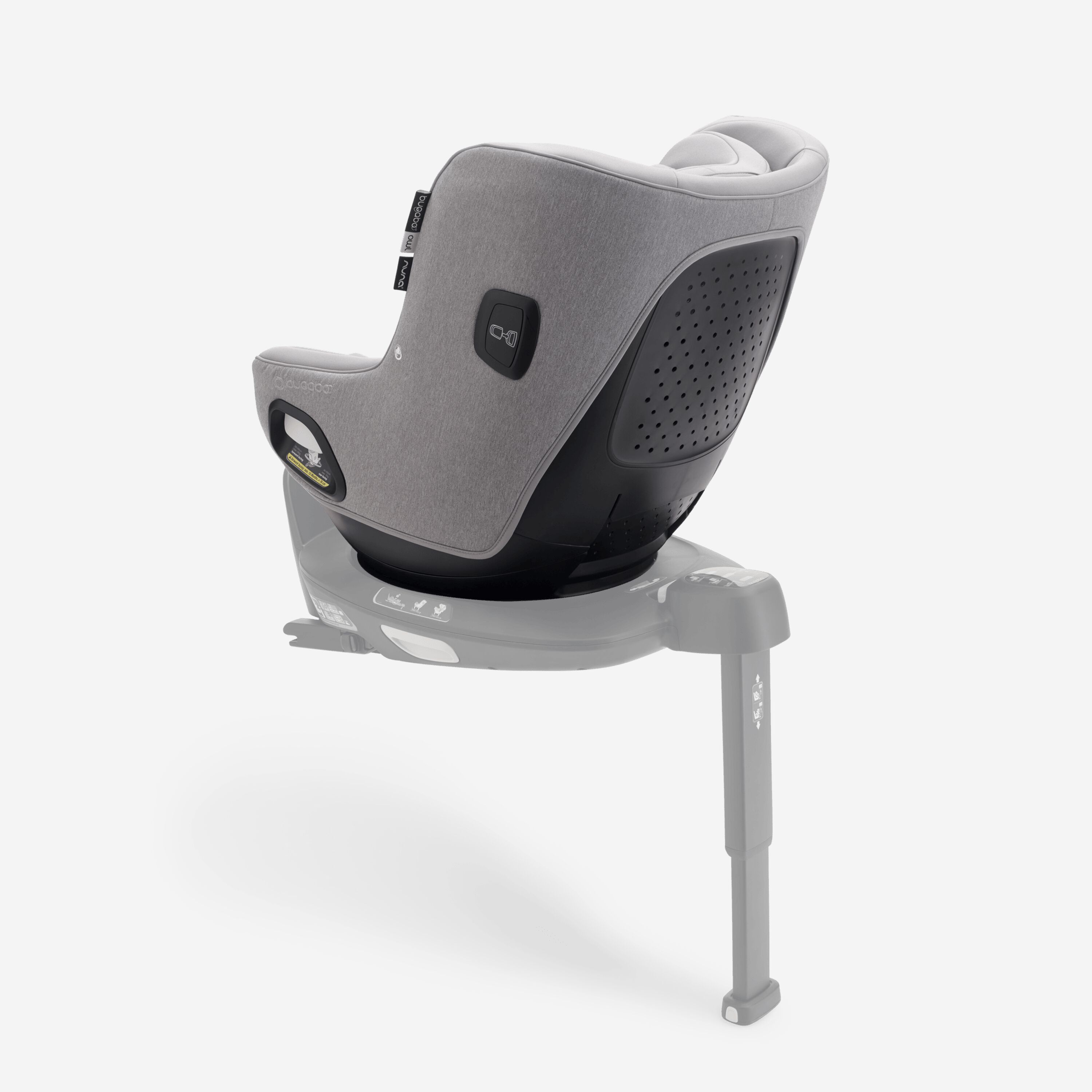 Back view of Bugaboo Owl by Nuna car seat in grey fabrics on the 360 ISOFIX Base, with stability leg extended. - Main Modal Image Slide 2 of 11
