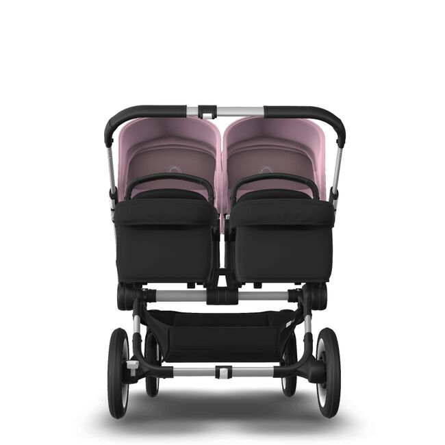Bugaboo Donkey 3 Twin seat and bassinet stroller soft pink sun canopy, black fabrics, aluminium base