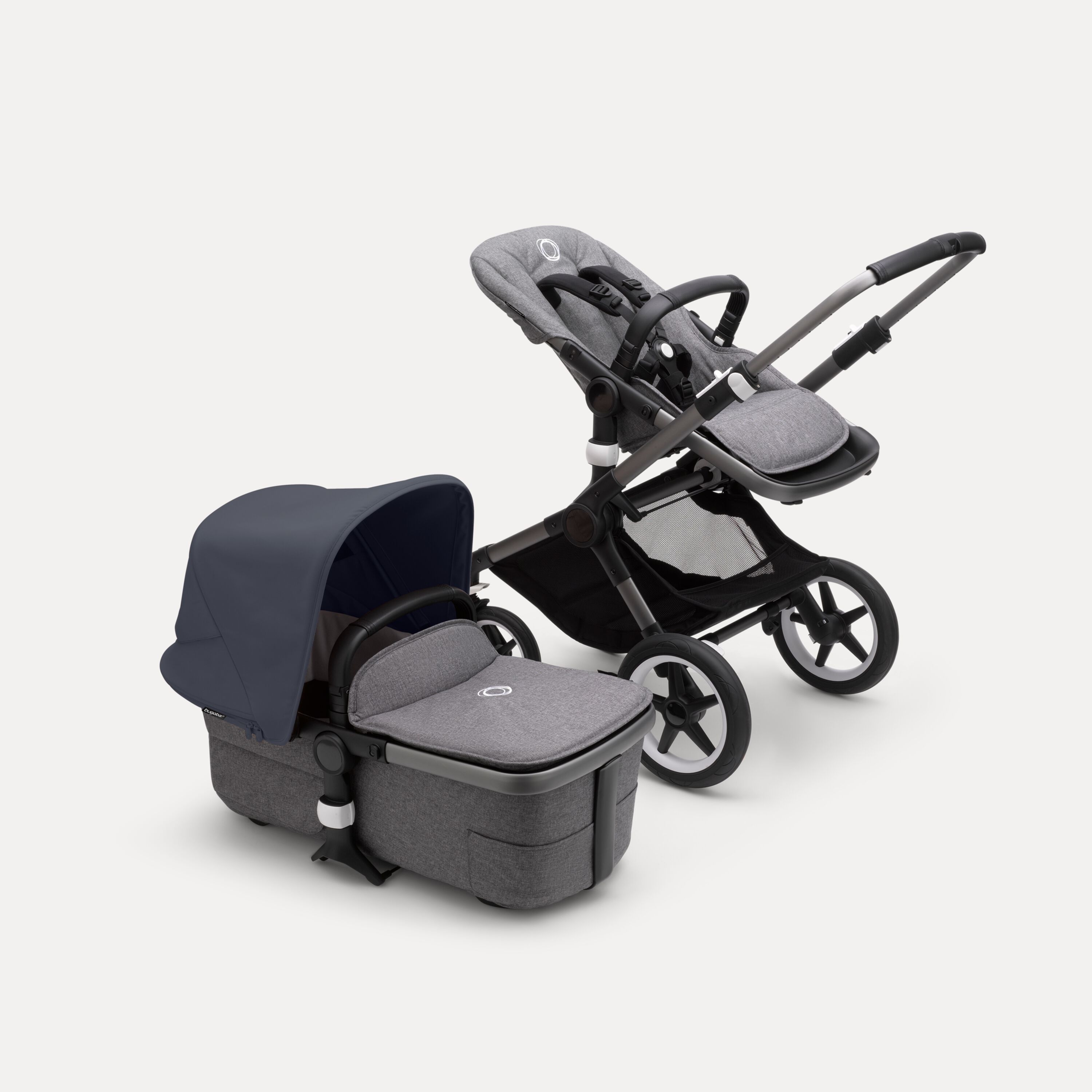 Bugaboo Fox 3 bassinet and seat stroller with graphite frame, grey fabrics, and stormy blue sun canopy. - Main Modal Image Slide 5 of 7