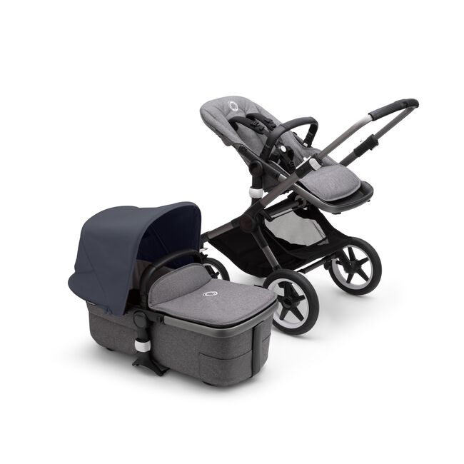 Bugaboo Fox 3 bassinet and seat stroller with graphite frame, grey fabrics, and stormy blue sun canopy. - Main Image Slide 5 of 7