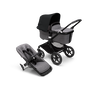 Bugaboo Fox 3 carrycot and seat pushchair with black frame, grey fabrics, and black sun canopy. - Thumbnail Slide 1 of 7