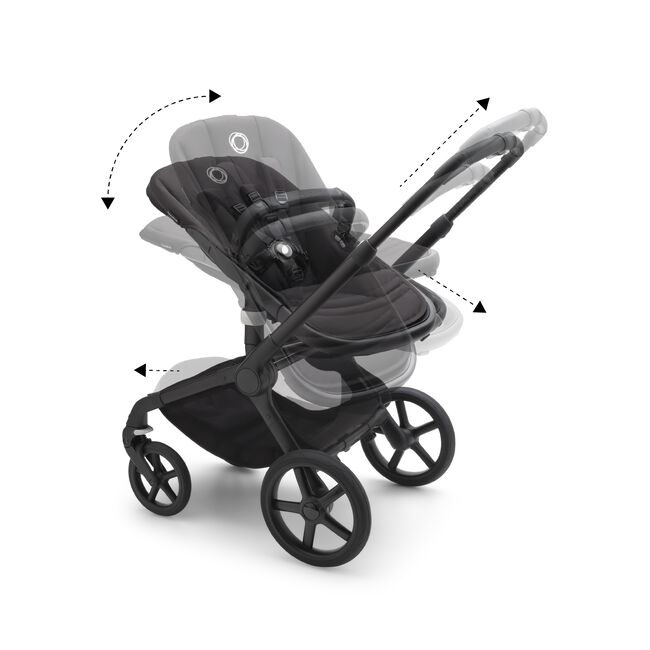 Bugaboo Fox 5 pram, with graphics explaining how to use one hand to recline seat, extend footrest or adjust handlebar.