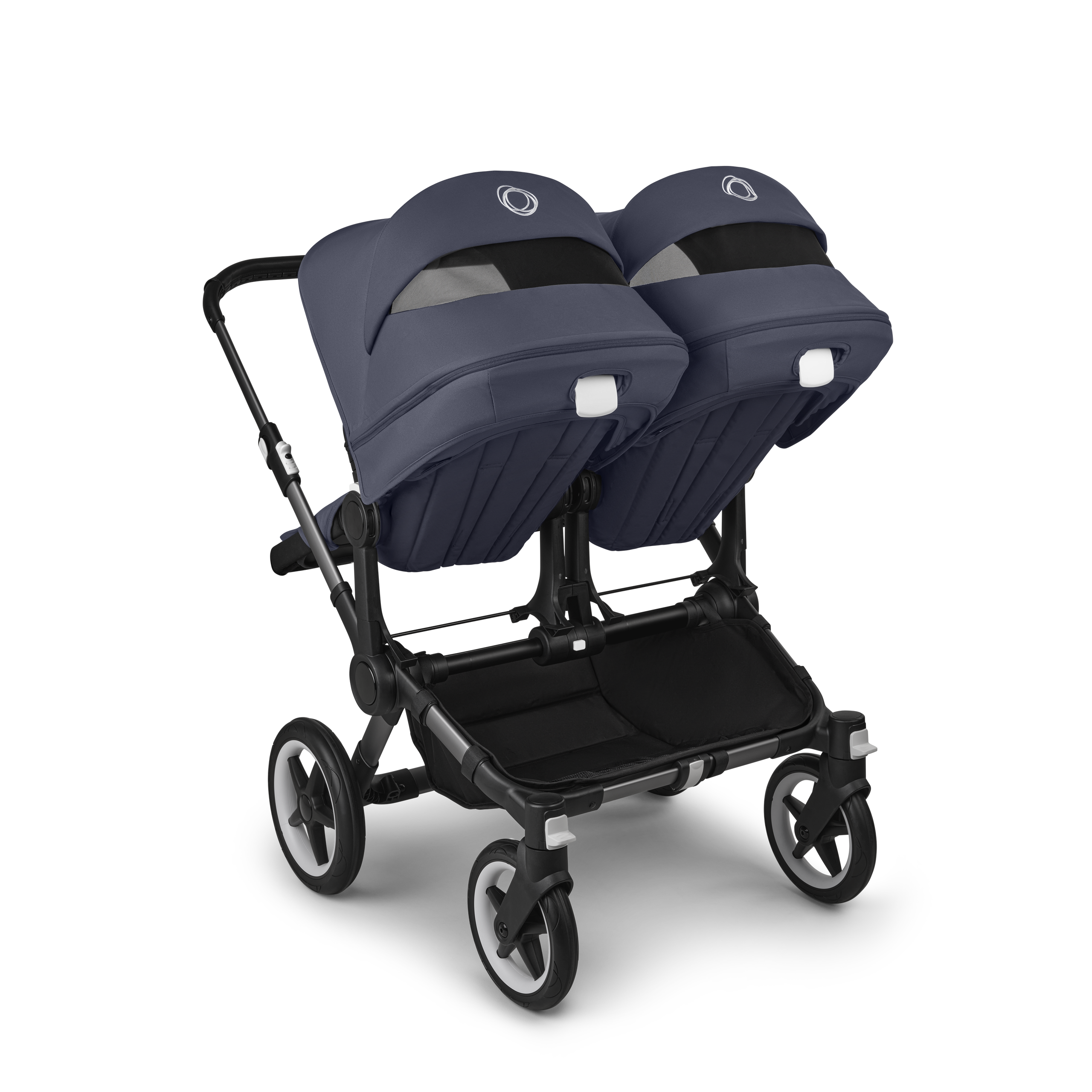 Bugaboo Donkey 5 twin stroller graphite base, stormy blue fabrics, stormy blue sun canopy - Thumbnail Slide 4 of 12