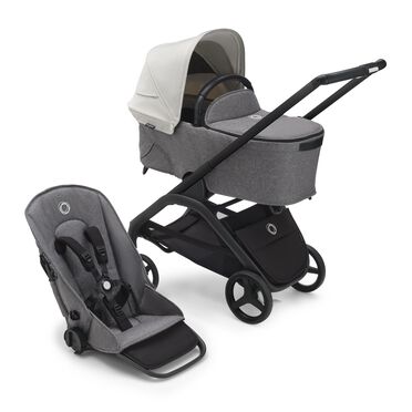Refurbished Bugaboo Dragonfly bassinet and seat stroller black base, grey melange fabrics, misty white sun canopy