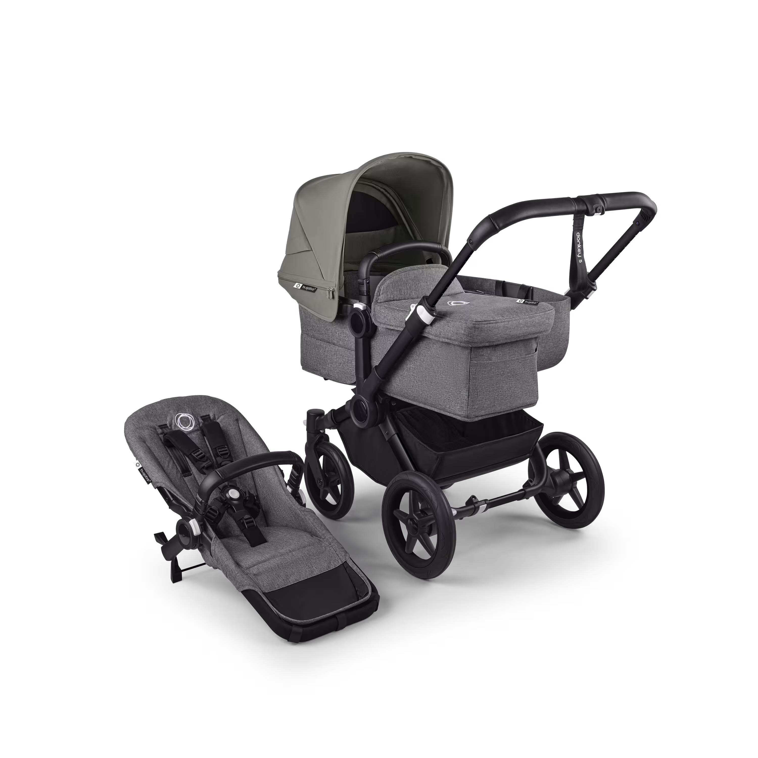 Bugaboo Donkey 5 Mono 2-in-1 stroller black base, grey mélange fabrics, forest green sun canopy - Main Modal Image Slide 1 of 11
