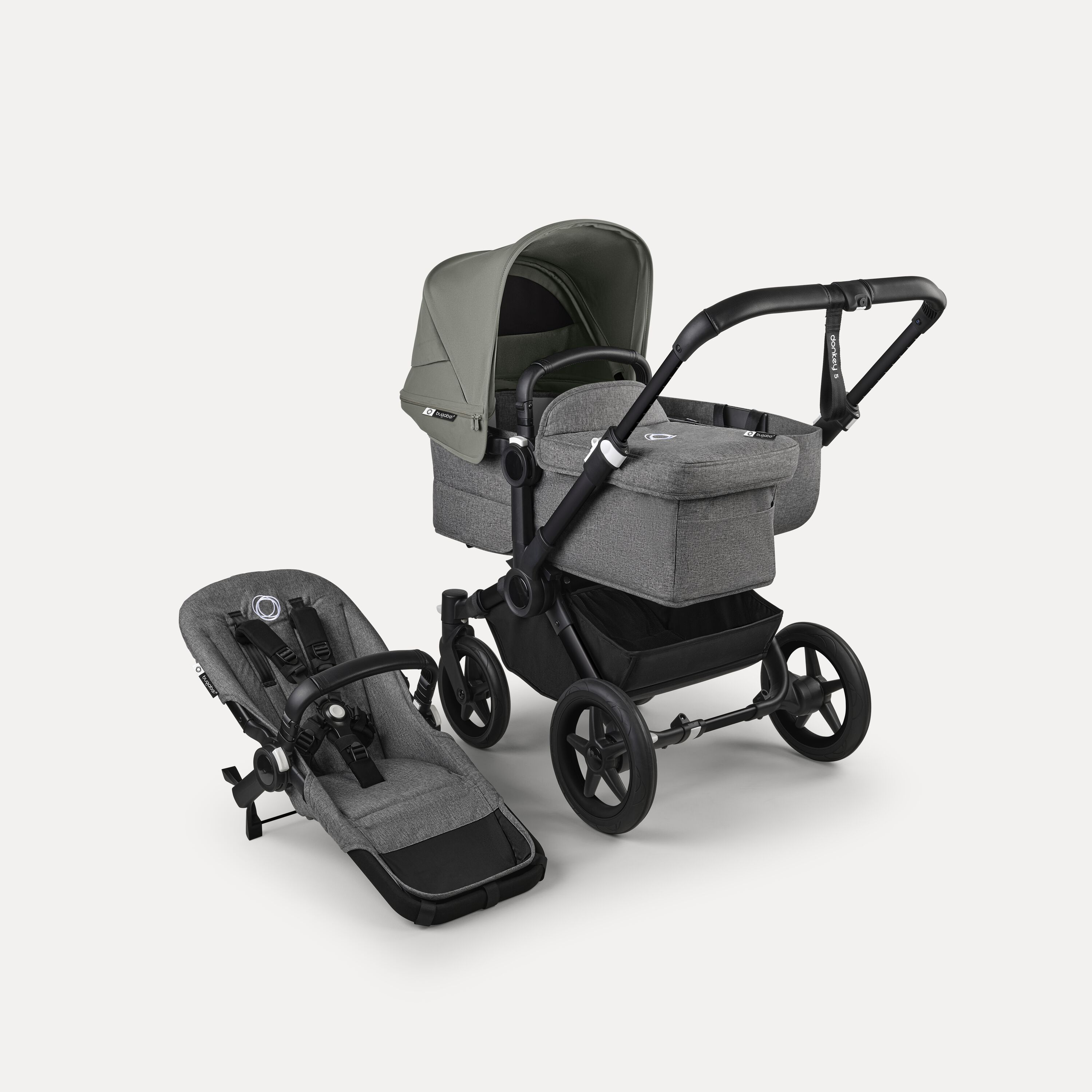 Bugaboo Donkey 5 Mono 2-in-1 stroller black base, grey mélange fabrics, forest green sun canopy - Main Modal Image Slide 1 of 12