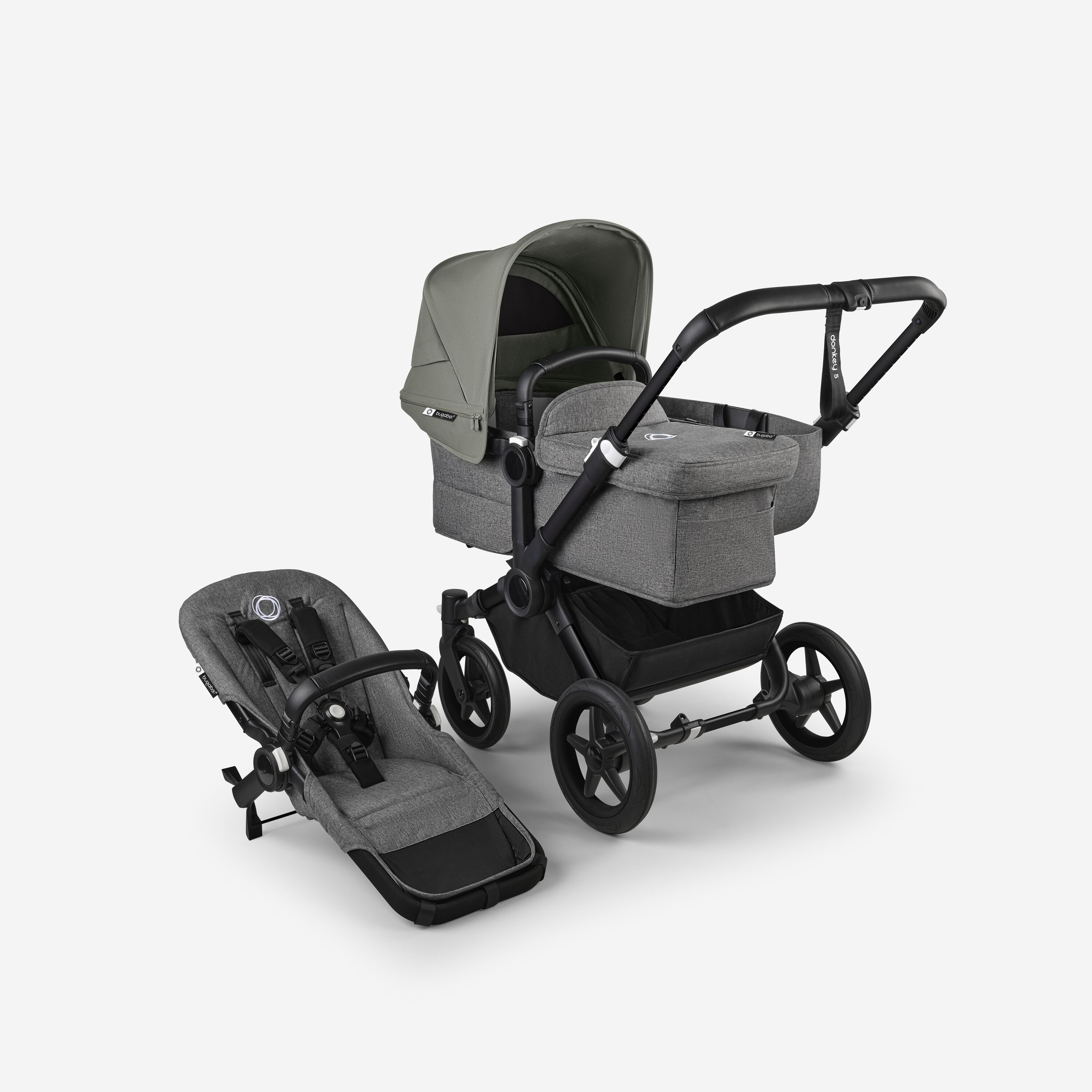 Bugaboo Donkey 5 Mono 2-in-1 stroller black base, grey mélange fabrics, forest green sun canopy - Main Modal Image Slide 1 of 12