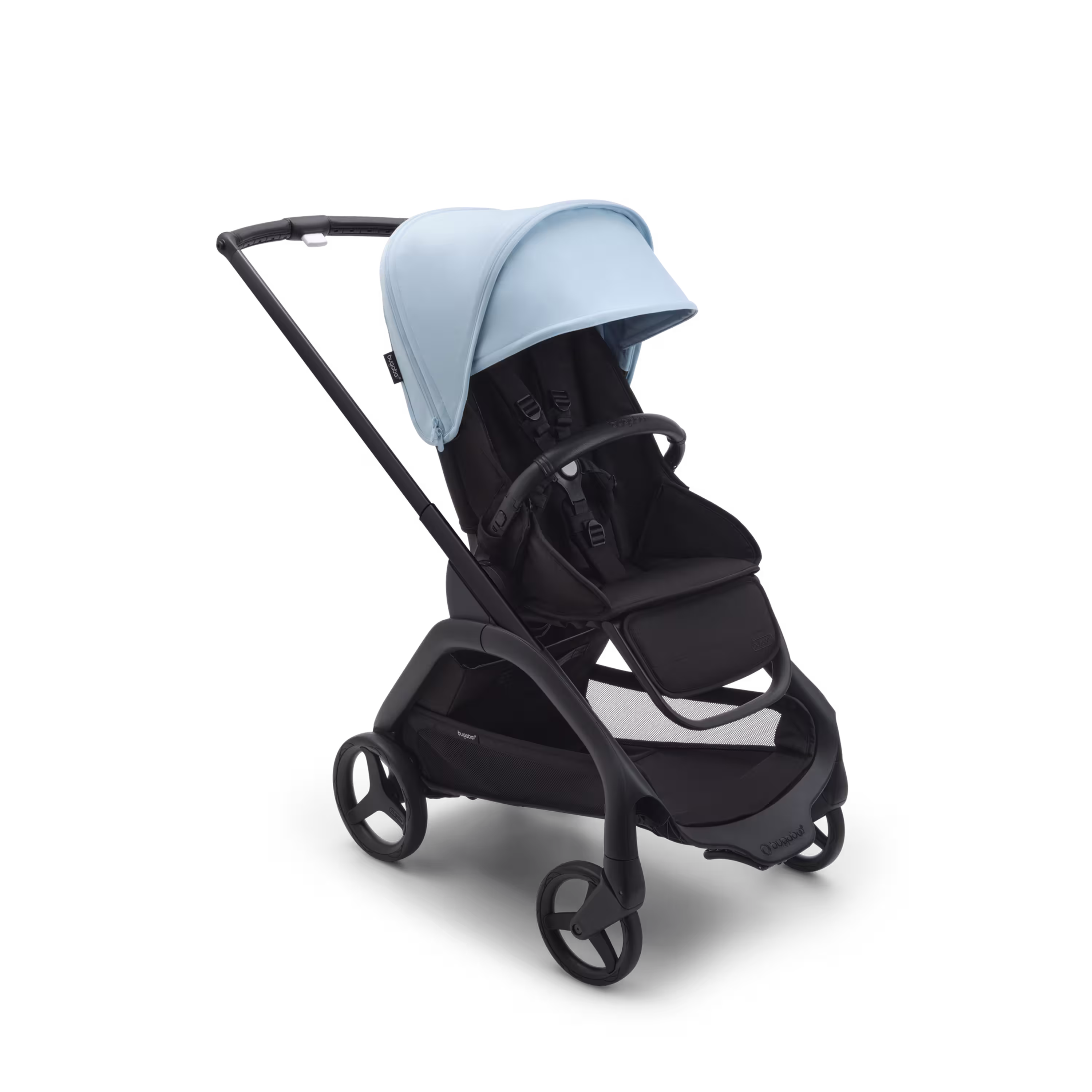 Bugaboo Dragonfly seat stroller with black chassis, midnight black fabrics and skyline blue sun canopy. - Main Modal Image Slide 1 of 16