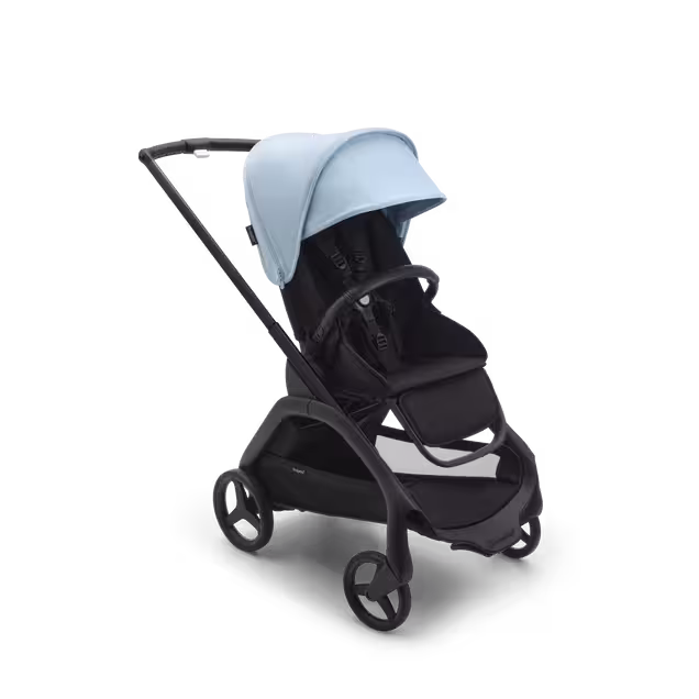 Bugaboo Dragonfly seat stroller with black chassis, midnight black fabrics and skyline blue sun canopy. - Main Image Slide 1 of 16
