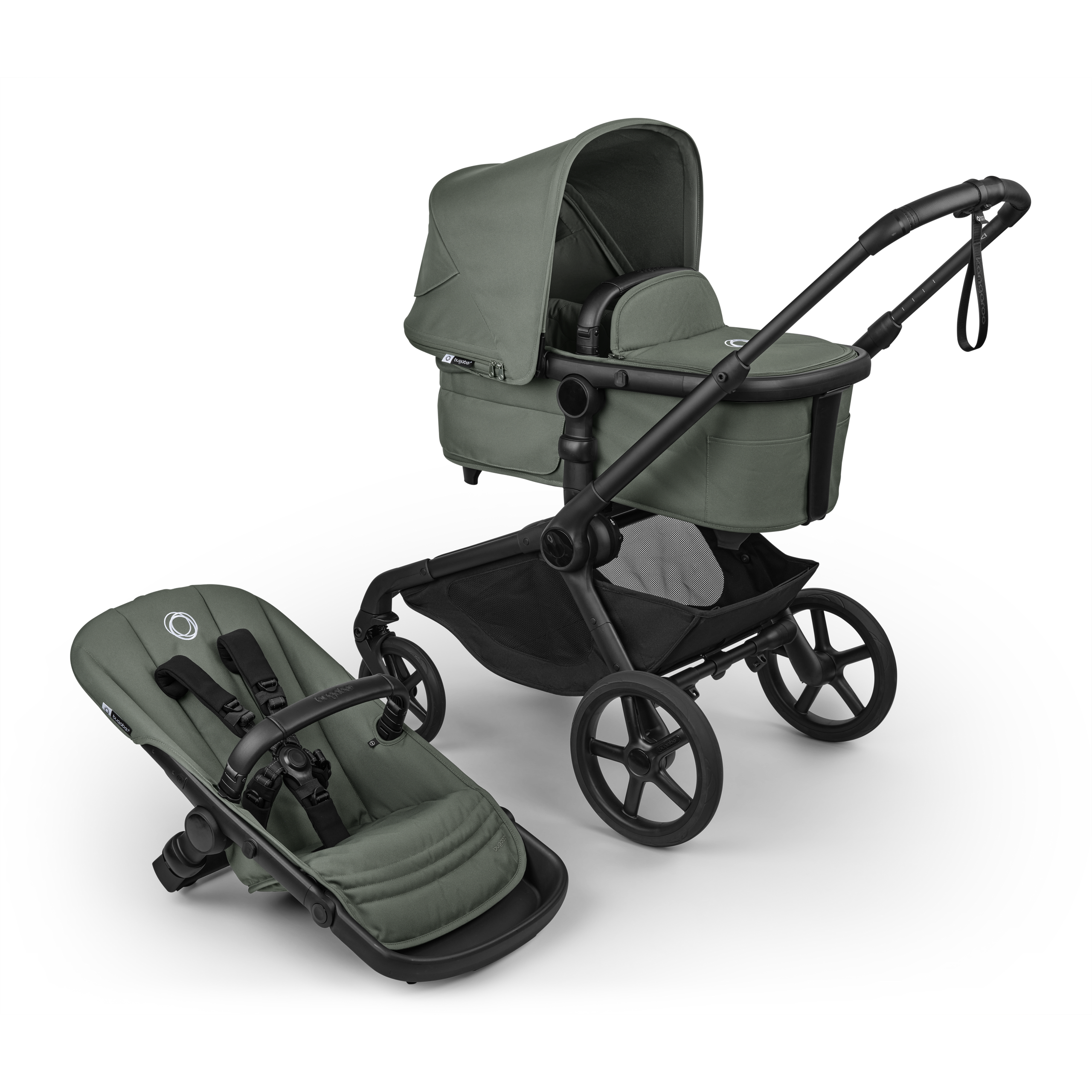 Bugaboo Kangaroo 2-in-1 pram black base, forest green fabrics, forest green sun canopy - Thumbnail Slide 1 of 12