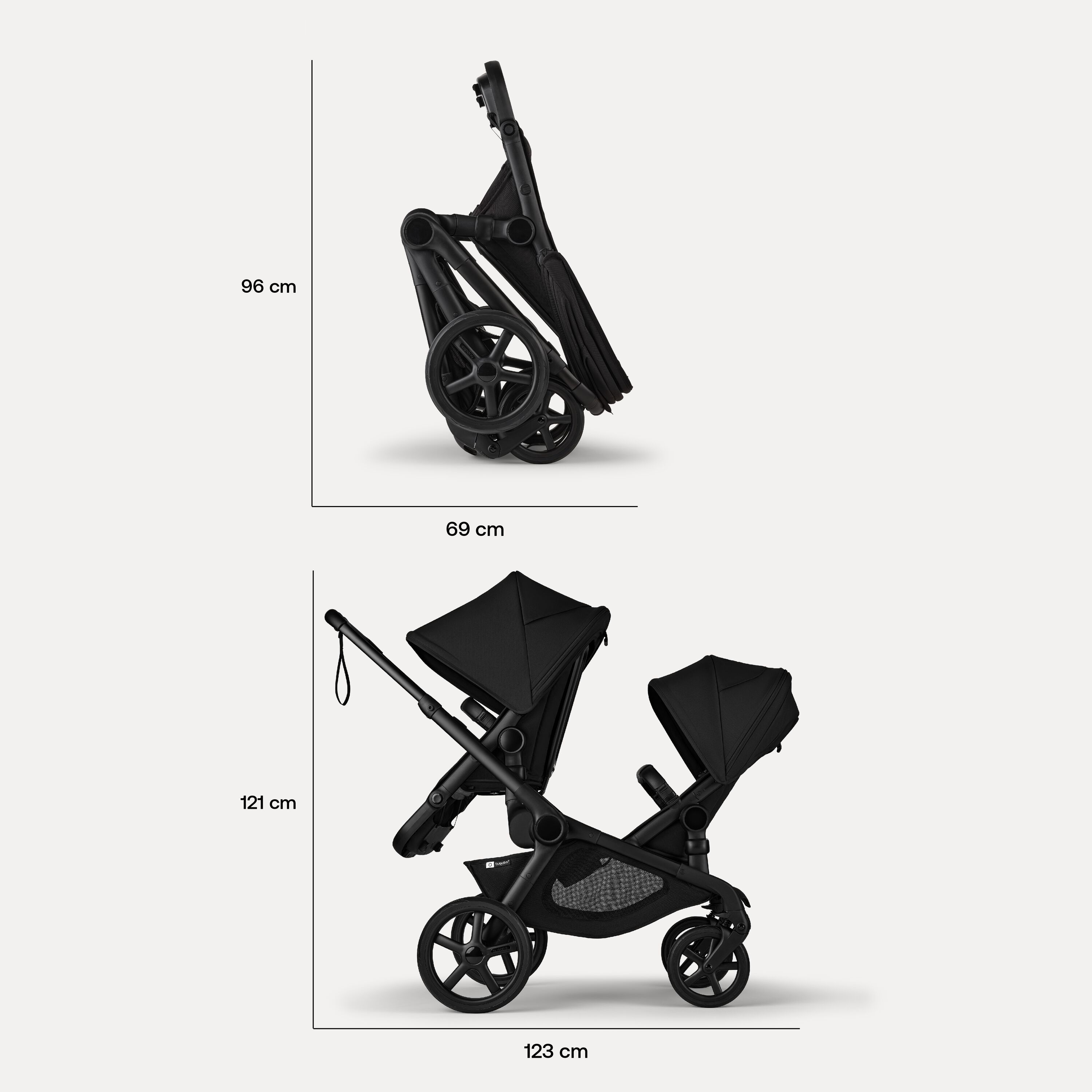 Dimensions of the Bugaboo Kangaroo 2-in-1 tandem stroller. Folded dimensions: 96 x 69 cm. In-use dimensions: 121 x 123 cm. - Main Modal Image Slide 13 of 18