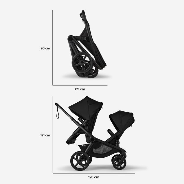 Dimensions of the Bugaboo Kangaroo 2-in-1 tandem stroller. Folded dimensions: 96 x 69 cm. In-use dimensions: 121 x 123 cm. - Main Image Slide 13 of 18