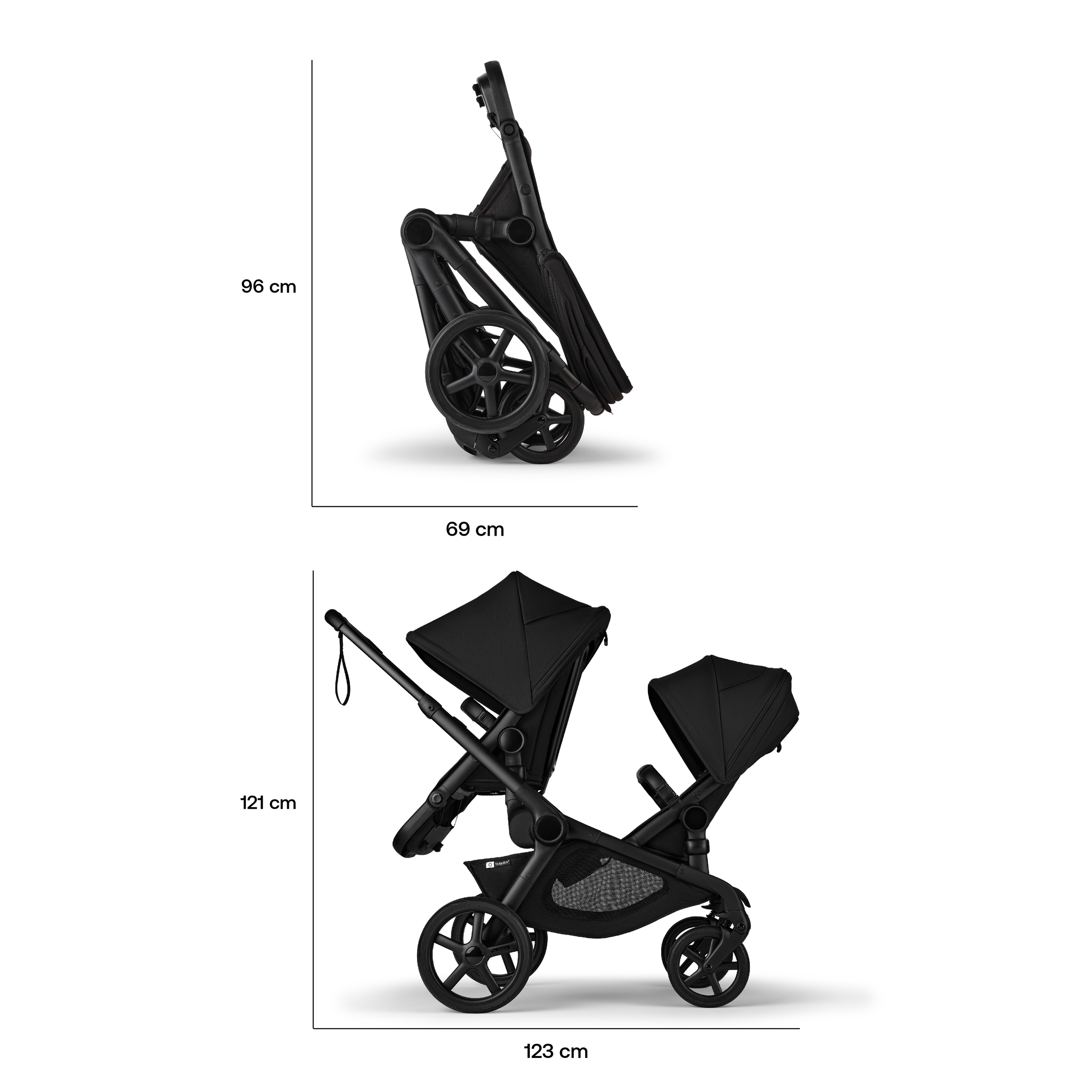 Dimensions of the Bugaboo Kangaroo 2-in-1 tandem stroller. Folded dimensions: 96 x 69 cm. In-use dimensions: 121 x 123 cm. - Thumbnail Slide 7 of 18