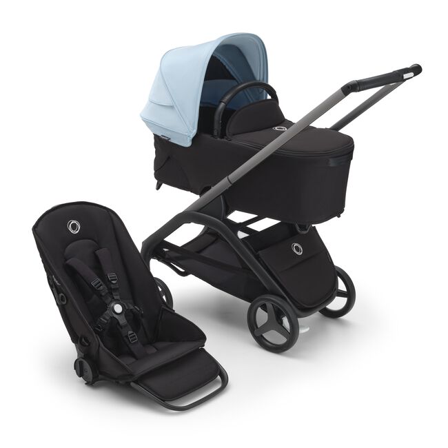 Bugaboo Dragonfly bassinet and seat pram with graphite chassis, midnight black fabrics and skyline blue sun canopy.