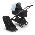 Bugaboo Dragonfly bassinet and seat pram with graphite chassis, midnight black fabrics and skyline blue sun canopy.