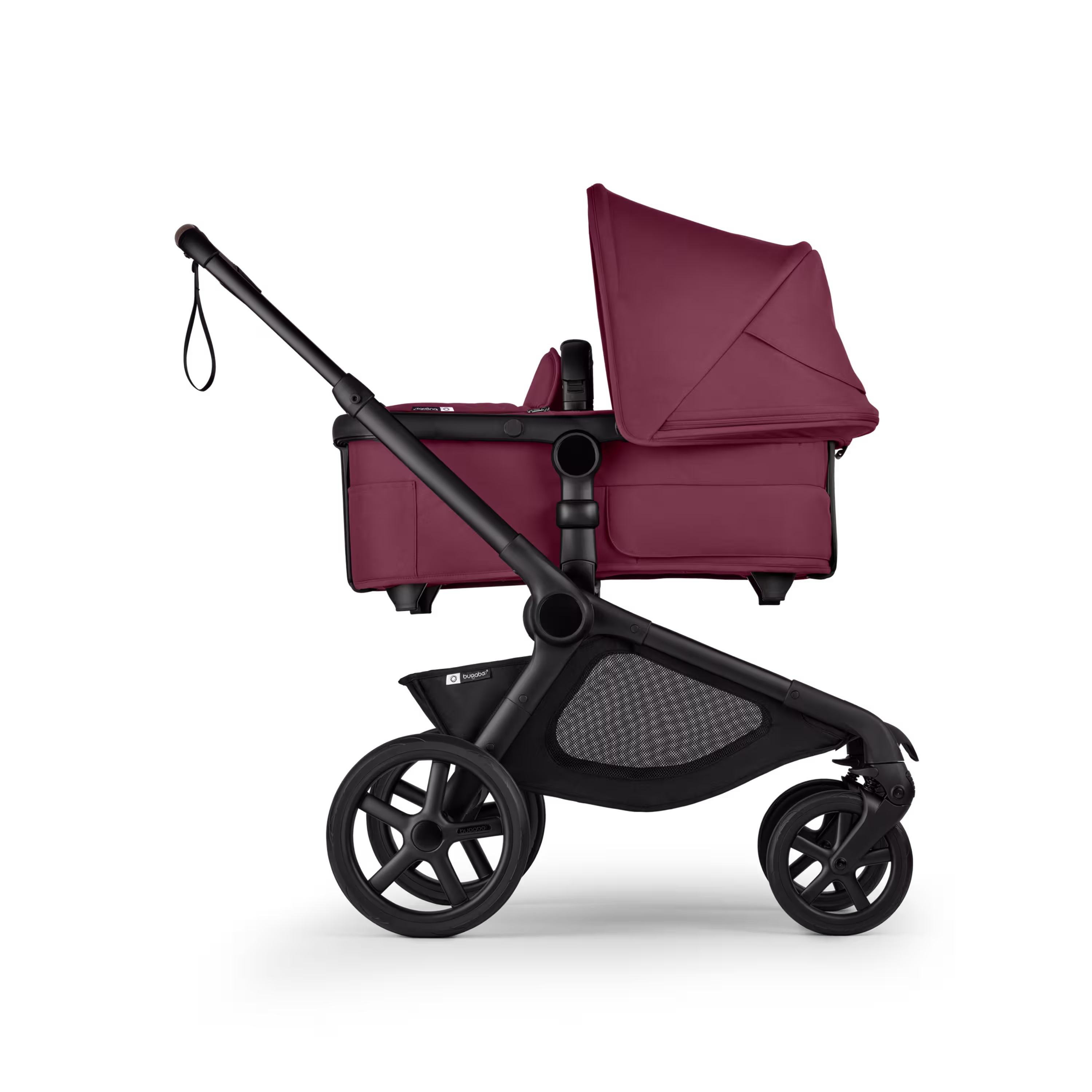 Side view of Bugaboo Kangaroo 2-in-1 stroller with one bassinet, Dark Cherry fabrics, and Dark Cherry sun canopy. - Main Modal Image Slide 2 of 18