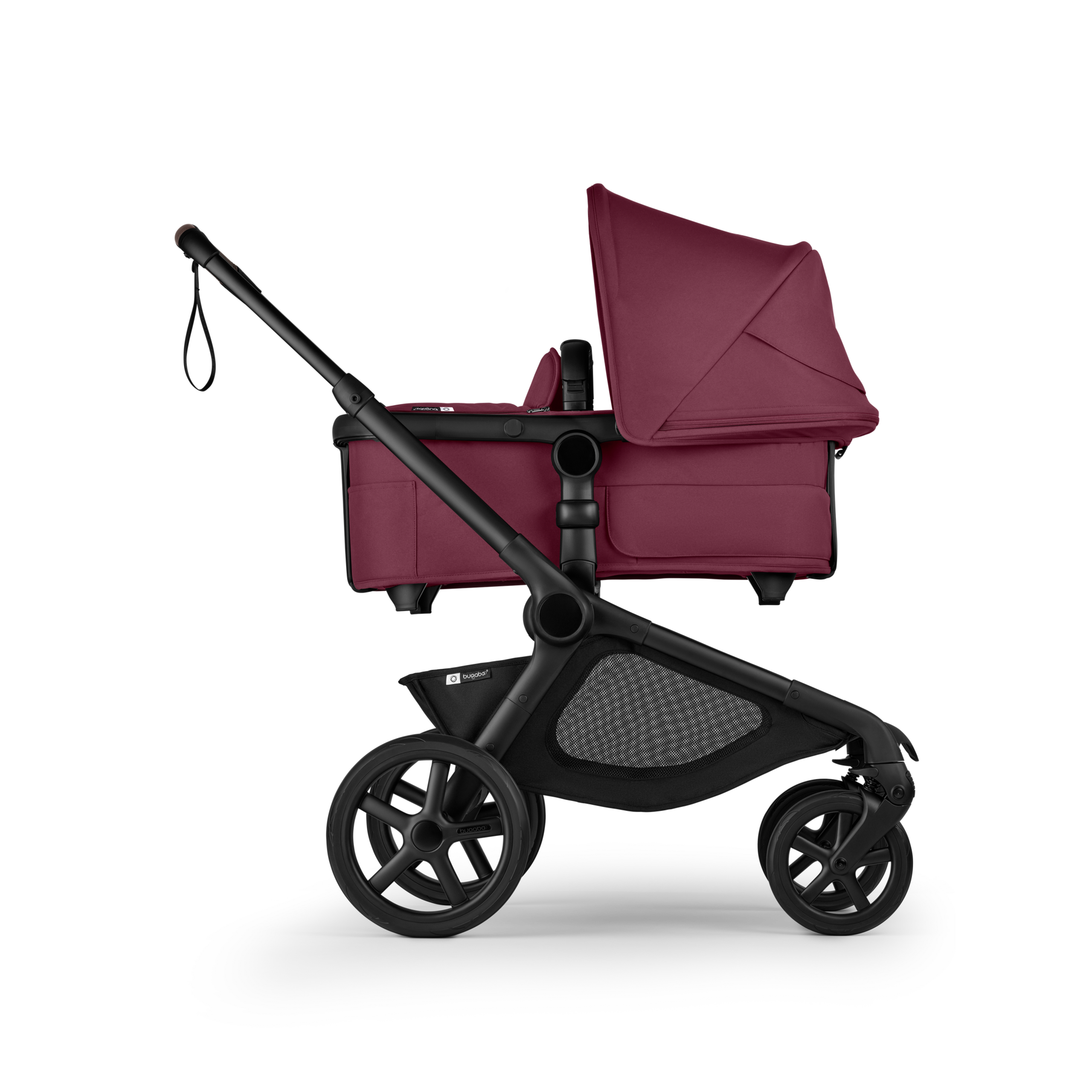 Side view of Bugaboo Kangaroo 2-in-1 stroller with one bassinet, Dark Cherry fabrics, and Dark Cherry sun canopy. - Thumbnail Slide 2 of 18