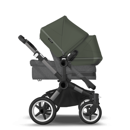 Bugaboo Donkey 5 Duo bassinet and seat stroller graphite base, grey mélange fabrics, forest green sun canopy