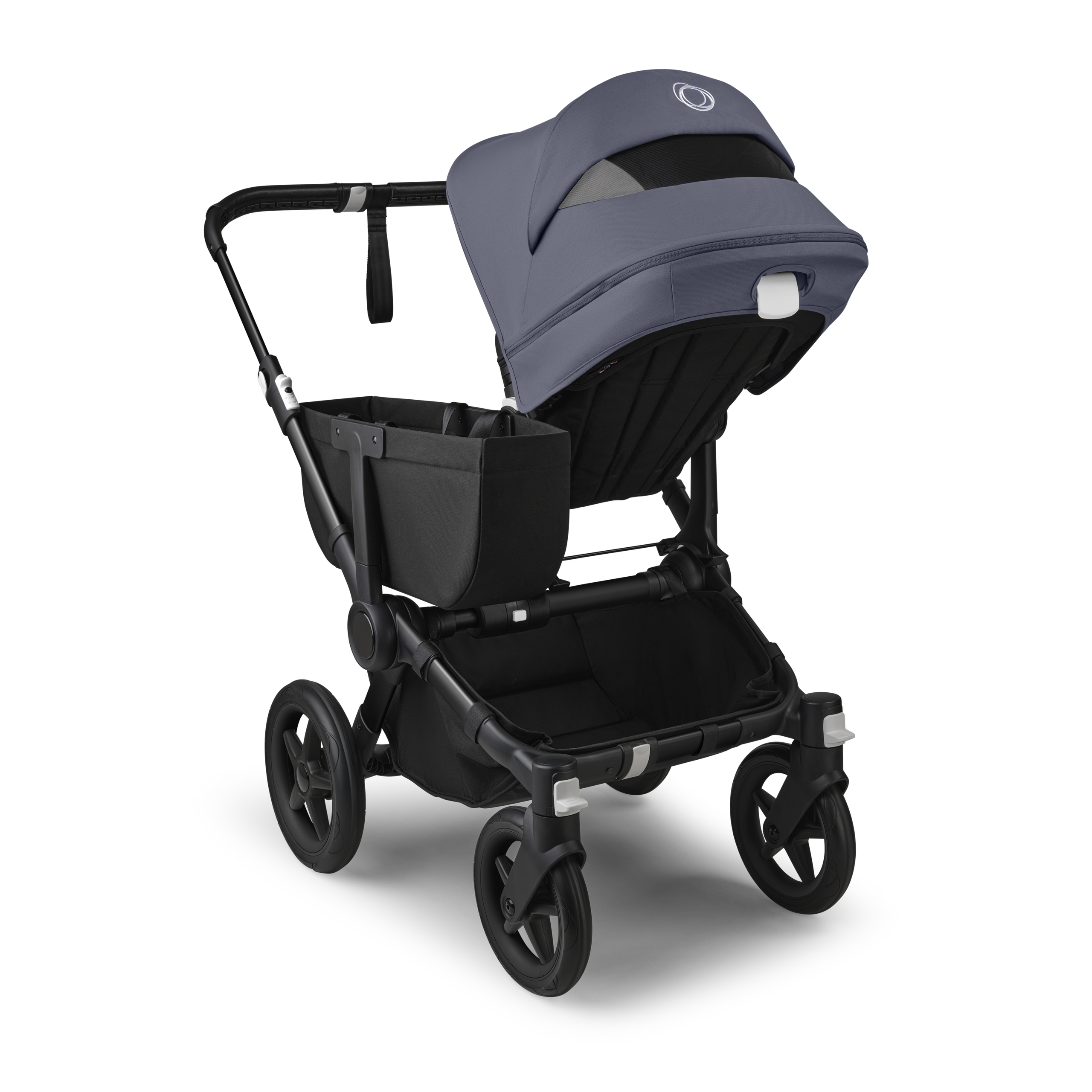 Refurbished Bugaboo Donkey 5 Mono bassinet and seat stroller black base, midnight black fabrics, stormy blue sun canopy - Thumbnail Slide 4 of 10