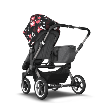 Bugaboo Donkey 5 Mono bassinet and seat stroller graphite base, grey mélange fabrics, animal explorer pink/ red sun canopy - view 2