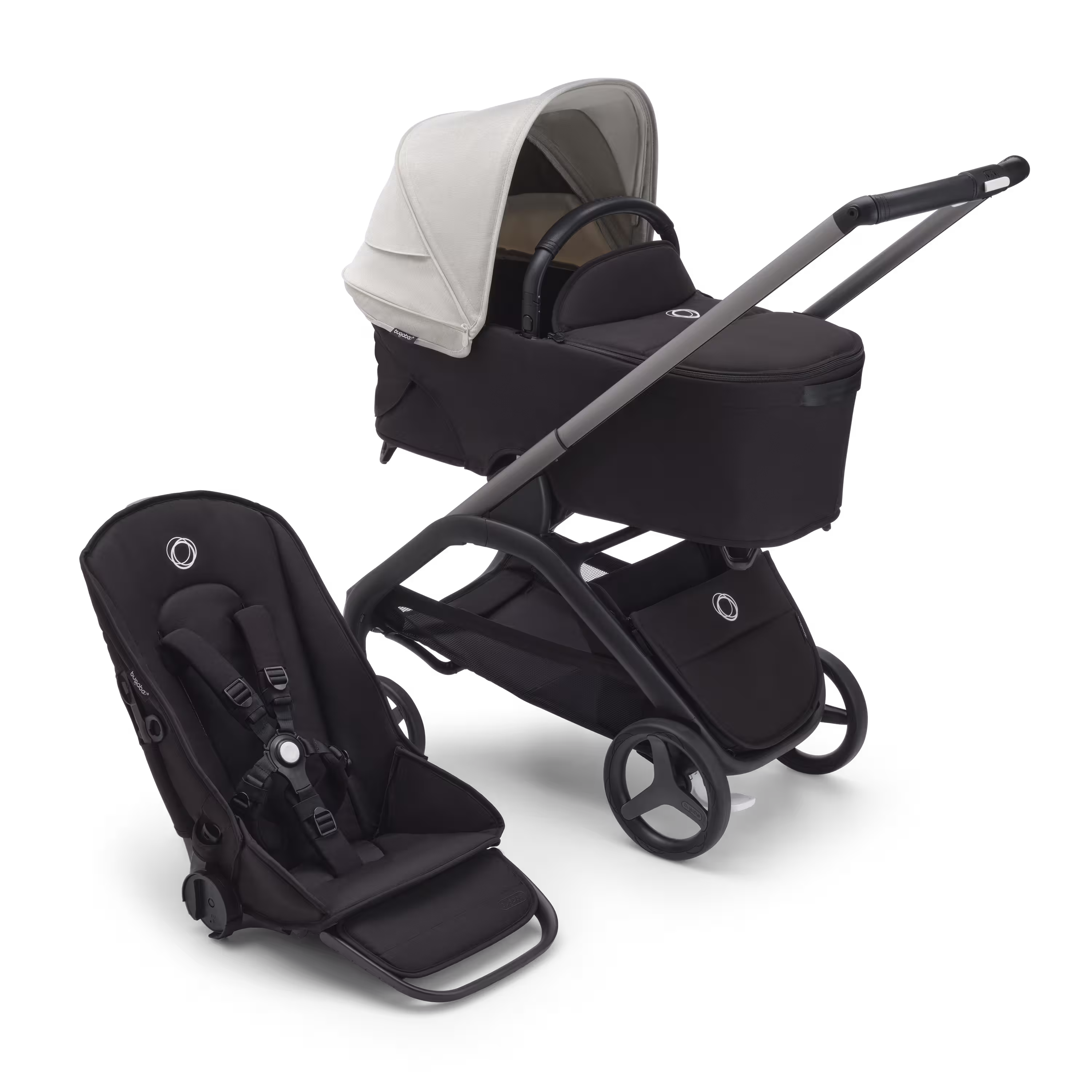 Bugaboo Dragonfly bassinet and seat stroller with graphite chassis, midnight black fabrics and misty white sun canopy. - Main Modal Image Slide 1 of 16