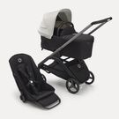 Bugaboo Dragonfly bassinet and seat stroller with graphite chassis, midnight black fabrics and misty white sun canopy.