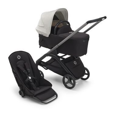 Bugaboo Dragonfly bassinet and seat stroller with graphite chassis, midnight black fabrics and misty white sun canopy.