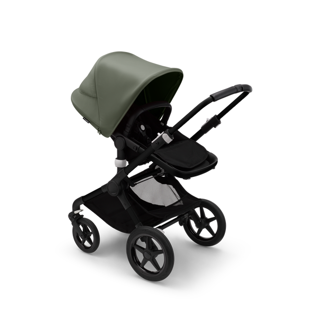Bugaboo Fox 3 bassinet and seat stroller black base, midnight black fabrics, forest green sun canopy
